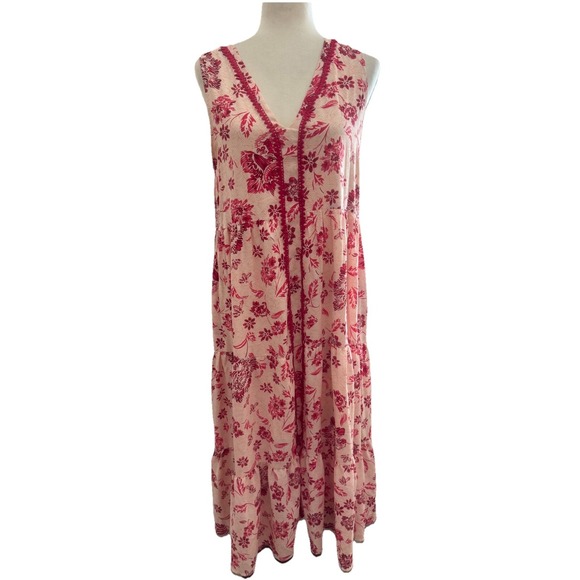entro Dresses & Skirts - Entro Maxi Dress Tiered Ruffle‎ Floral Flowey Pink Sleeveless Beach Boho Small